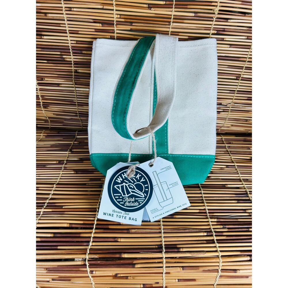Whelky Canvas Wine Bottle Tote Bag With Green Trim Accent for 2 Bottles - New
